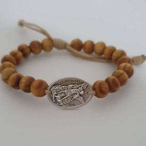 Saint Michael medal bracelet, catholic bracelet, wooden saint bracelet, Patron saint, Mens Women bracelet, St Anna medal, St Charbel