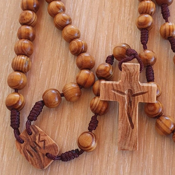 Chapelet en bois fabriqué à la main, Rosaire d’olivier, Perles de chapelet à cordes fortes en bois d’olivier, Chapelet en bois d’olivier sculpté, Cadeau religieux, Chapelet de Medjugorje