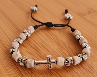 Bracelet en pierre naturelle avec croix, médaille vierge marie, bracelet Medjugorje fait main