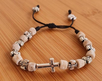 Naturstein Armband mit Kreuz, Jungfrau Maria Medaille, handgemachte Medjugorje Armband