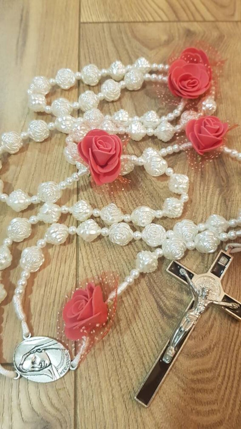 Large Wall Hanging Rosary Wall White Rosary With Red Roses Etsy