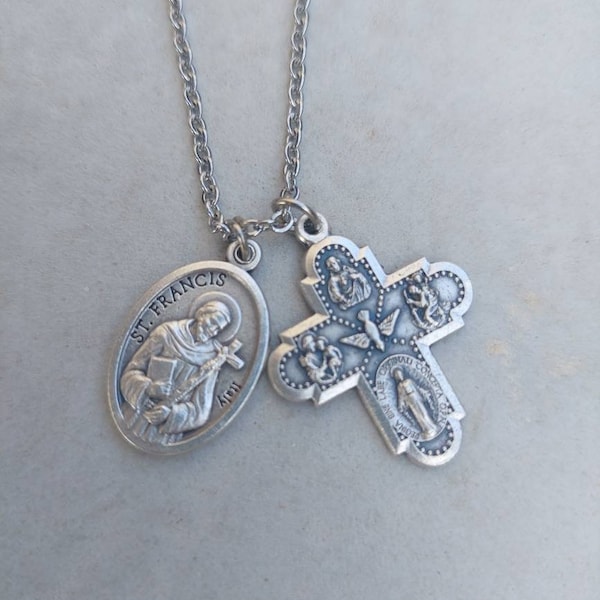Four way cross pendant necklace, Saint Francis pendant necklace, St Michael pendant necklace, St Anthony pendant necklace
