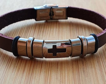 Pulsera cristiana para hombre, pulsera con cruz, regalo para esposo, novio, hermano, papá, hijo, regalo de graduación, pulsera religiosa con cruz de cuero.