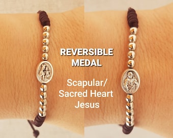 Bracelet médaille scapulaire : Jésus sacré-coeur, perles en acier inoxydable