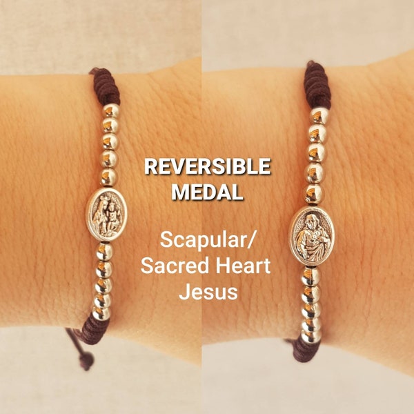 Scapular medal bracelet, Scapular Lady of Mount Carmel and Sacred Heart Jesus Metal Medal bracelet on cord, One decade rosary bracelet