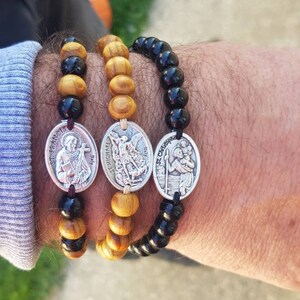 Wooden Beads Catholic Bracelet Patron Saint Medals Religious Gifts Women Men Kids Adjustable Cord Christian Jewelry Boho Bracelet
