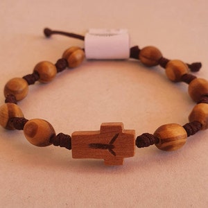 Rosary Bracelet on Cord Olive Wood  Beads Carved bracelet Men bracelet Women Cross Charm Adjustable Cord bracelet