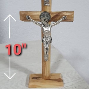 Saint Benedict Olive Wood Cross, Standing cross, Handmade Table Cross, Catholic Home Blessing Decor, Catholic Cross