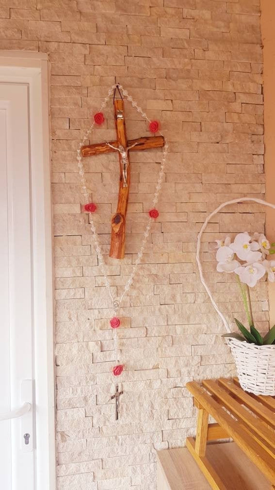 Large Wall Hanging Rosary Wall White Rosary With Red Roses Etsy
