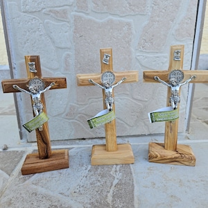 Olive Wood Table Cross for Home St Benedict Standing Christian Cross with Crucifix  Handmade Catholic Home Blessing Decor Gift