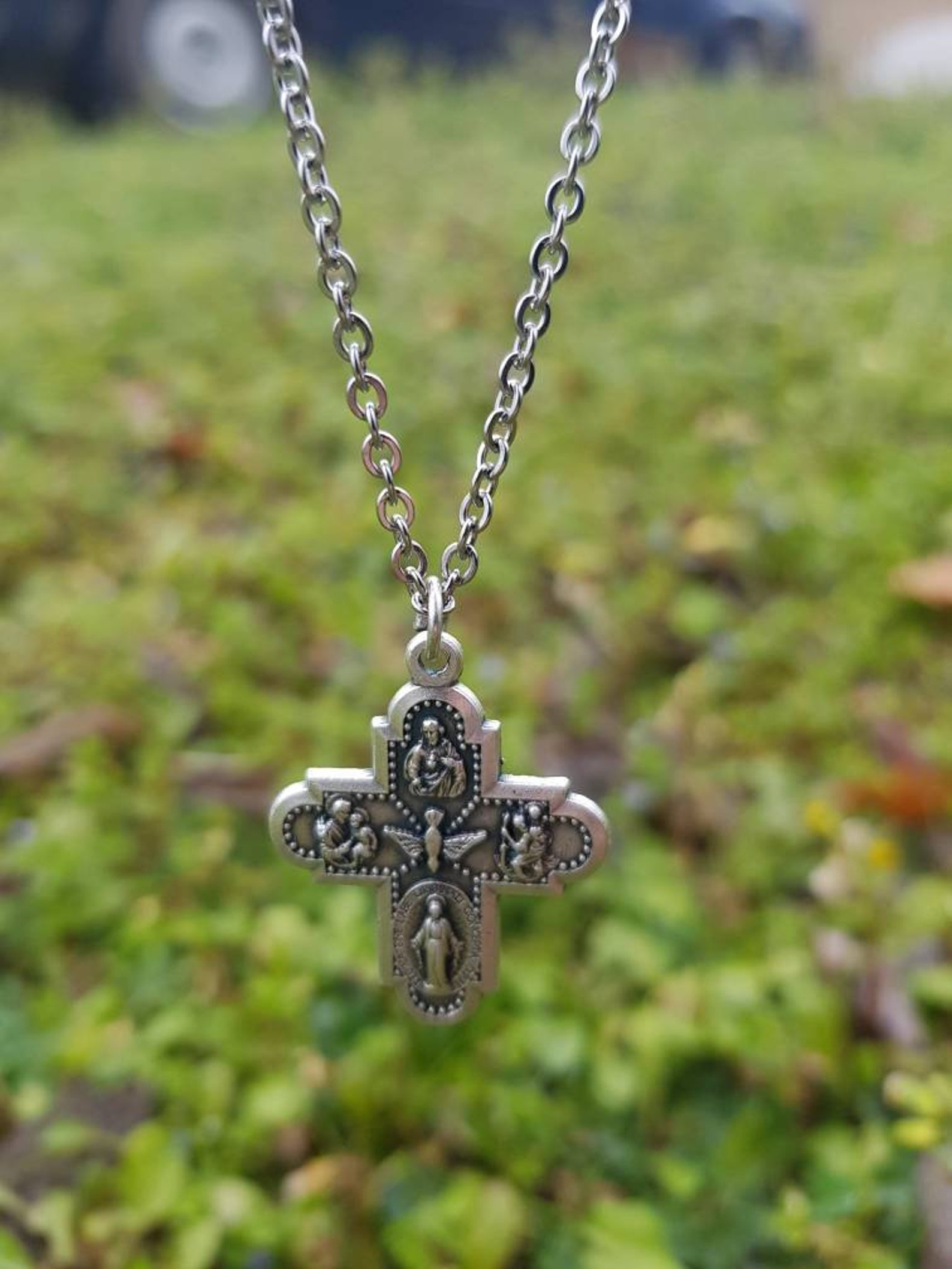 Four Way Cross Pendant Necklace Silver Tone Cross on Chain 4 Etsy