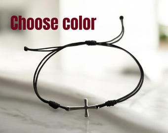 Bracciale Uomo In Pelle Nera Con Croce In Acciaio Inox - Lunghezza 21,5 Cm, Larghezza 12 Mm - Gioiello Religioso Ipoallergenico
