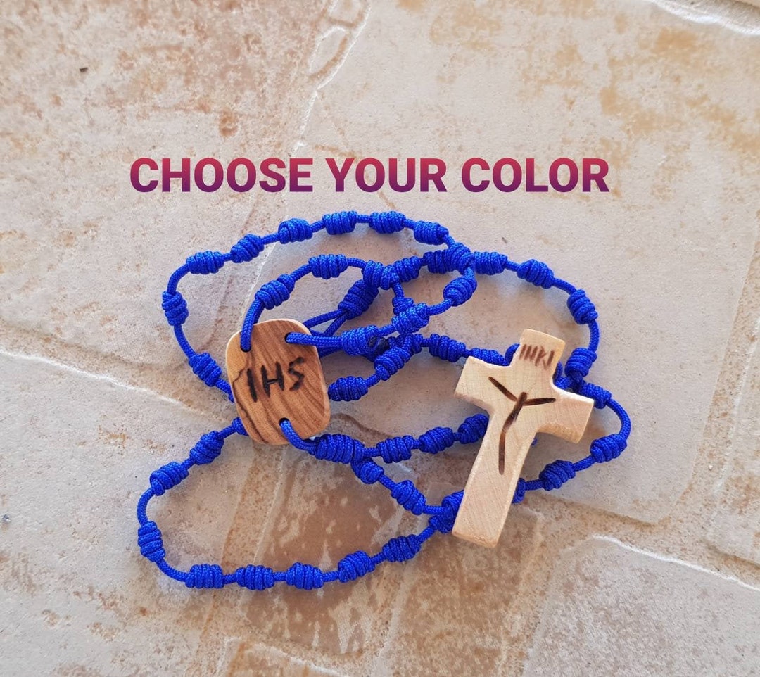 Knotted Cord Rosary Necklace With Olive Wood Cross and IHS Centerpiece