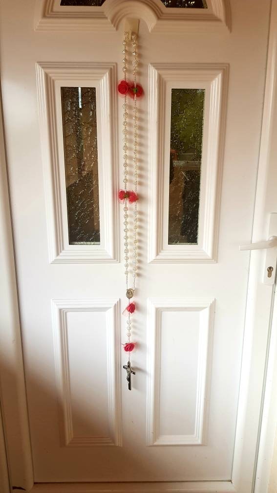 Large wall hanging rosary wall white rosary with red roses Etsy