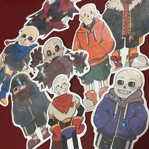 May include: A collection of colorful stickers featuring various cartoon skeleton characters. Each sticker showcases a different character design, with unique outfits and expressions. The stickers have a holographic finish, adding a shimmering effect.