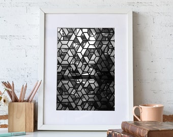 Impresión de arte de pared en blanco y negro, arte imprimible de arquitectura, decoración moderna del hogar, fotografía de pared de vitrales, decoración minimalista de sala de estar