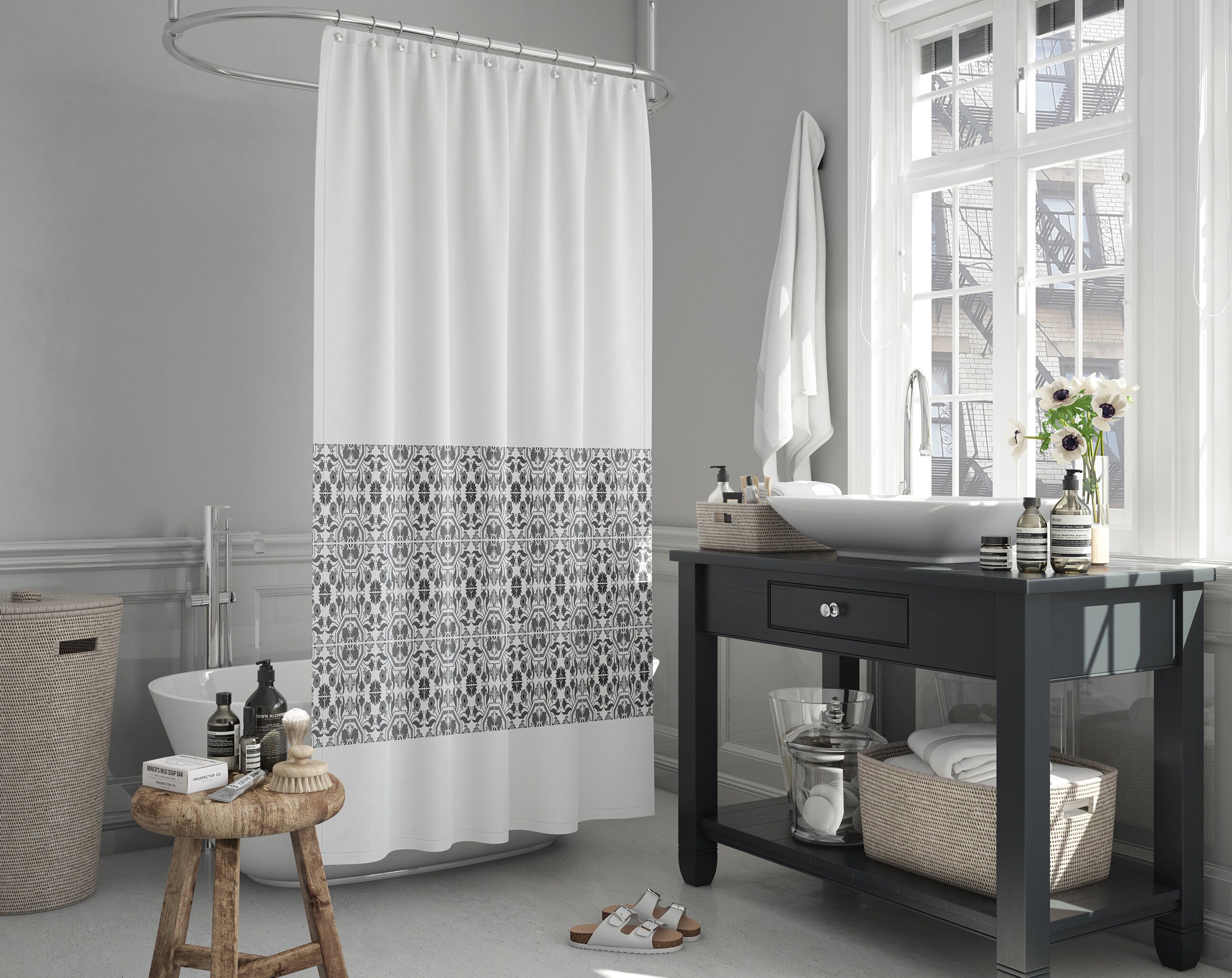 Black and White Shower Curtain in Floral Portuguese Pattern, Modern Bathroom Decor Ideas, Unique