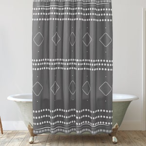 Grey and white Shower Curtain with African Mudcloth design, Unique Bathroom Curtain, Boho Shower Décor Ideas, Ethnic Bathroom Décor, Tribal