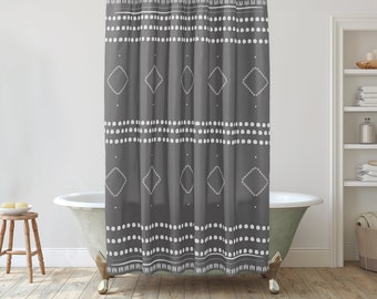 Grey and white Shower Curtain with African Mudcloth design, Unique Bathroom Curtain, Boho Shower Décor Ideas, Ethnic Bathroom Décor, Tribal