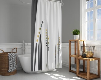 Rideau de douche style campagnard avec motif graphique abstrait gris moutarde et blanc, idées de décoration de salle de bain moderne Rideau de douche bohème minimaliste