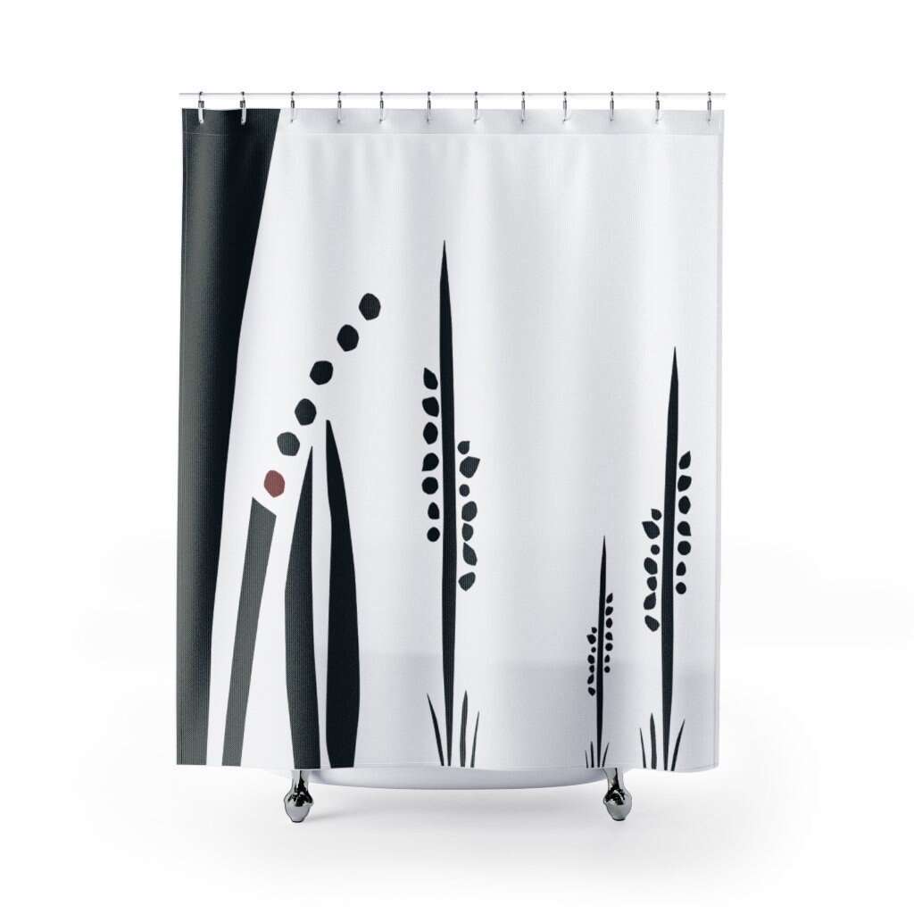 Black and White Shower Curtain With Unique Illustration, Minimalist