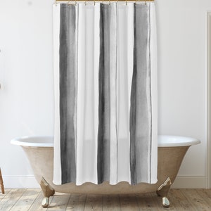 Black and white bathroom shower curtain, Farmhouse bathroom décor, Boho Watercolor stripes, 71X74&quot; Long shower curtain, Housewarming gift