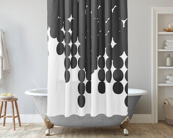 Black and white shower curtain with big scattered dots, Minimalist shower curtain, Unique Shower Decor, Modern Bathroom Decor Ideas