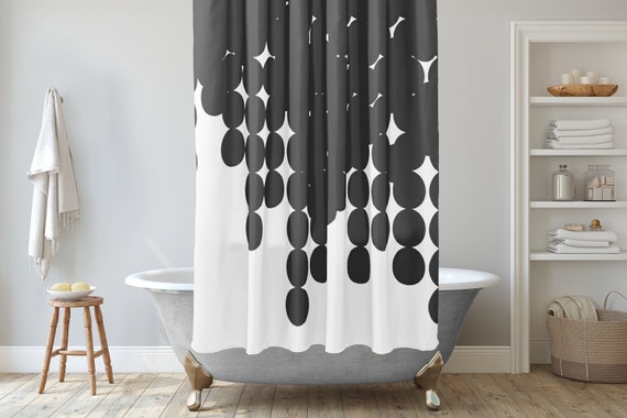Black and white shower curtain with big scattered dots, Minimalist shower curtain, Unique Shower Decor, Modern Bathroom Decor Ideas