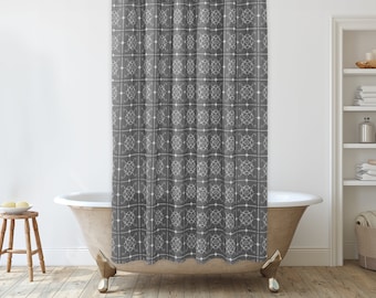Modern farmhouse shower curtain, Boho shower curtain, Gray black and white shower curtain for master bath, Unique Bathroom Decor Ideas