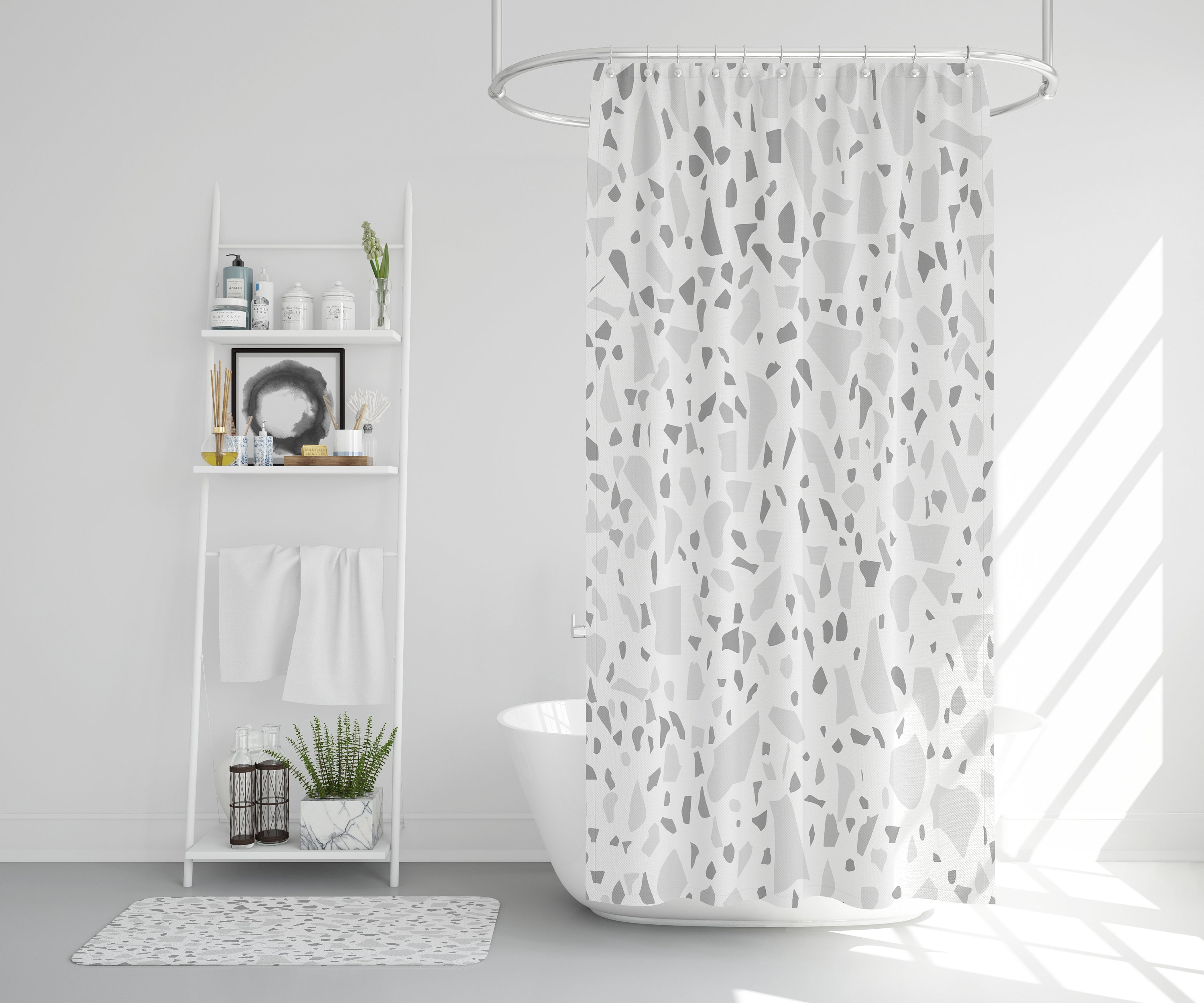 Bathroom Set, Shower Curtain and Bath Mat, Gray and White Bathroom