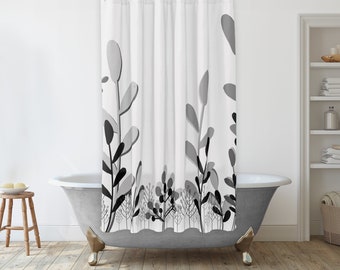 Modern Farmhouse shower curtain, Black and white leaves shower curtain, Unique Bathroom Décor Ideas, Boho Shower Curtain, Botanical bath