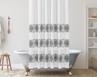 Grey and white shower curtain in a modern floral medallion pattern - Black and white farmhouse bathroom decor - Unique Shower Decor