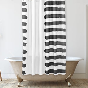 Black and white shower curtain, Modern Farmhouse shower curtain, Boho Shower curtain with brash strokes stripes, Unique bathroom Décor
