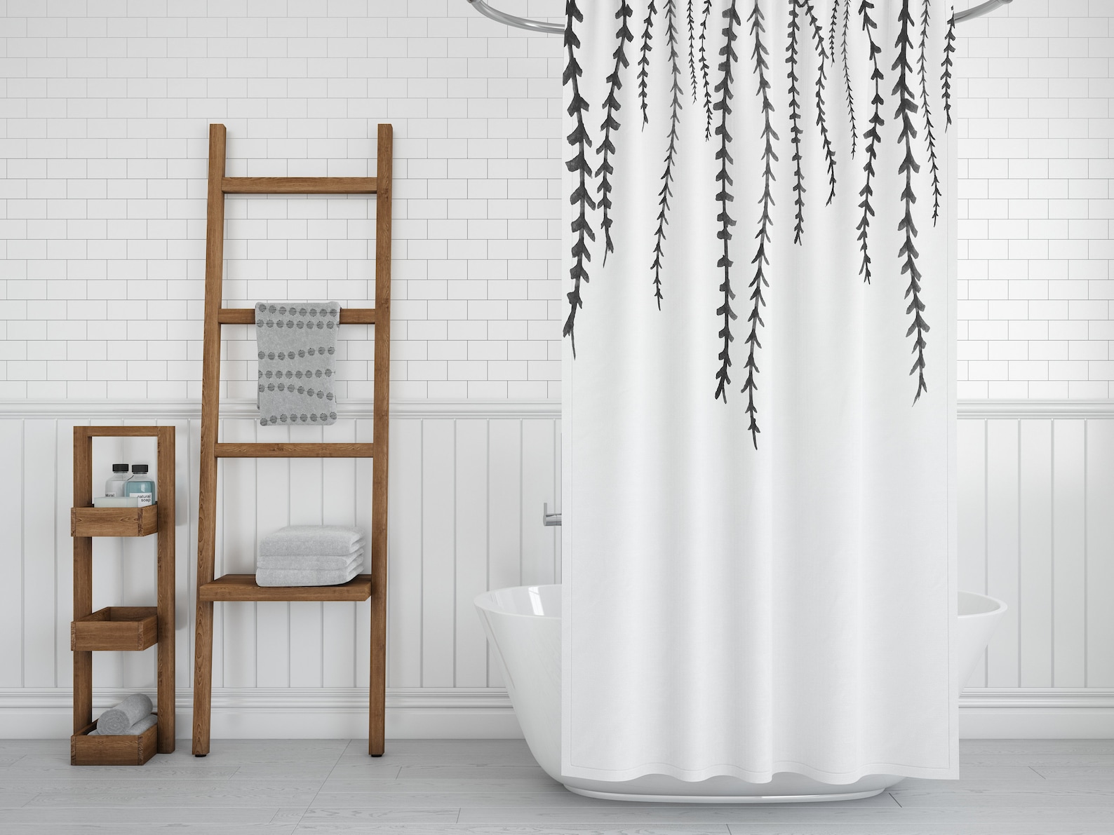 Black and White Farmhouse Shower Curtain With Leaves and Branches