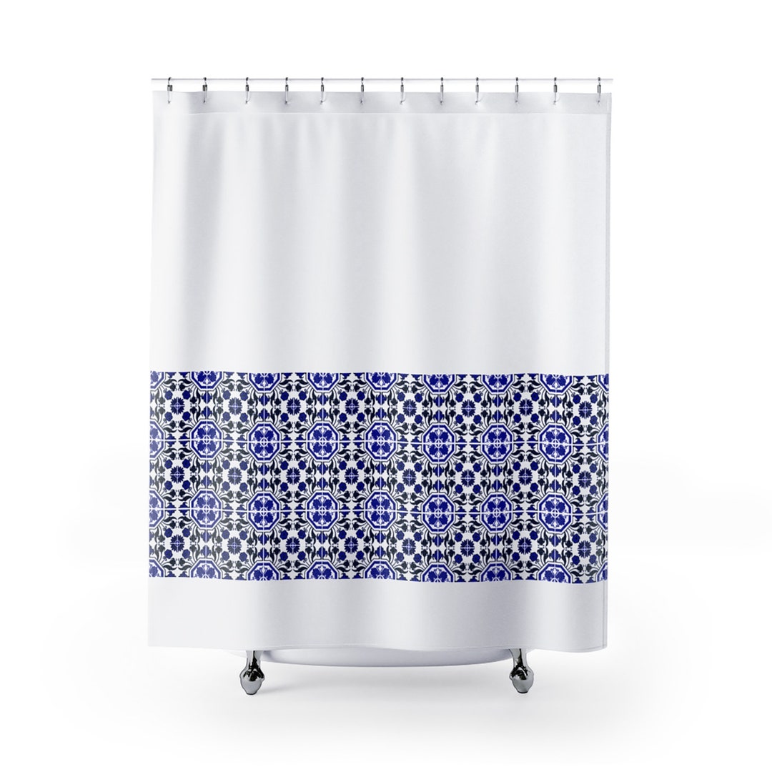 White and Royal Blue Shower Curtain in Floral Portuguese Etsy