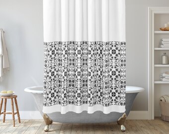 Black and white shower curtain in floral Portuguese pattern, Modern Bathroom Decor Ideas, Unique Shower Curtain, Farmhouse shower curtain