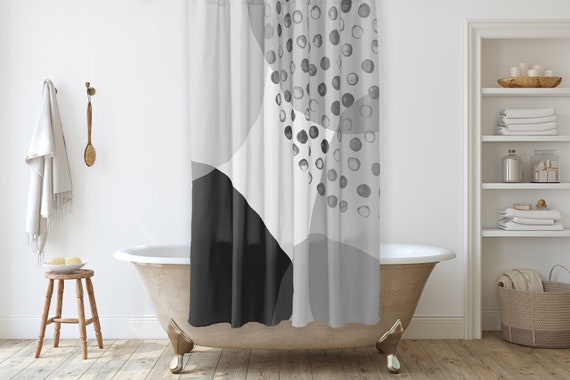 Grey Black and White Shower Curtain With Geometric Abstract Shapes