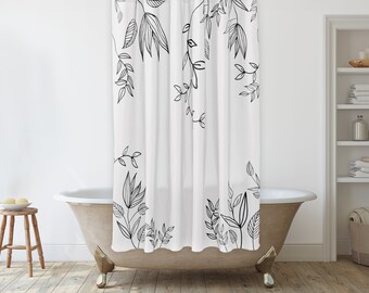 Farmhouse Shower Curtain – Black and White Leaf Print, Boho Bathroom Decor