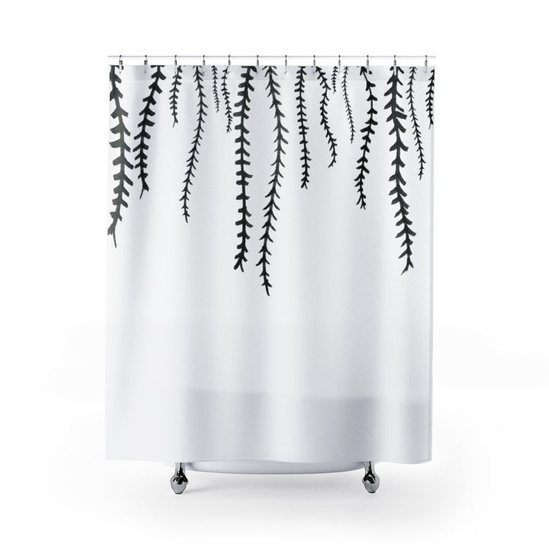 Black and White Farmhouse Shower Curtain With Leaves and Branches