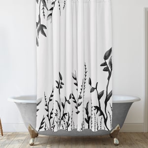 Farmhouse shower curtain with cascading Leaves and branches, Black and white shower curtain, Boho Bathroom Décor Ideas Unique Shower Curtain