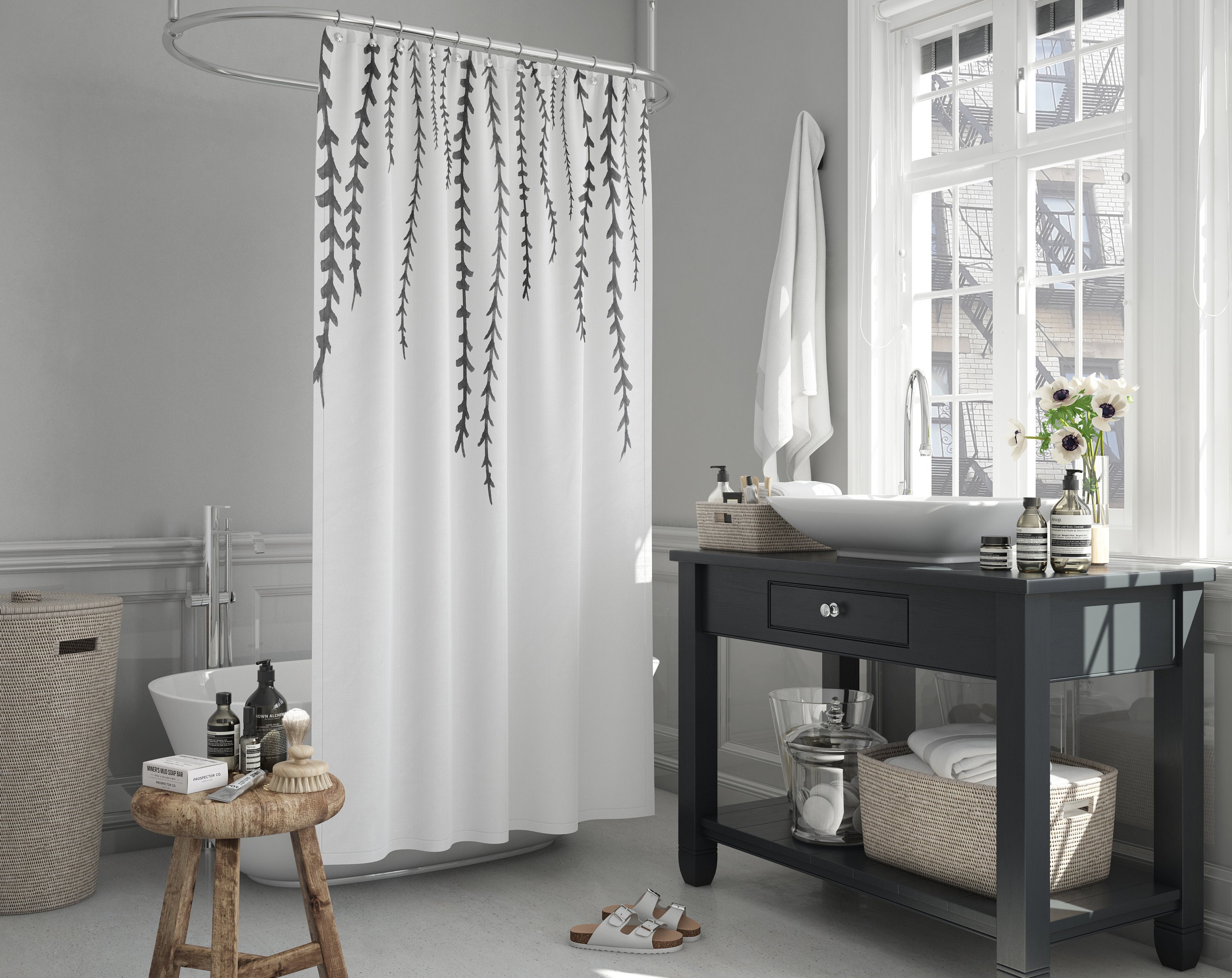 Black and White Farmhouse Shower Curtain With Leaves and Branches