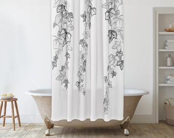 Farmhouse shower curtain with cascading English ivy leaves, Black and white Shower Curtain, Botanical, Floral, Boho Bathroom Décor Ideas