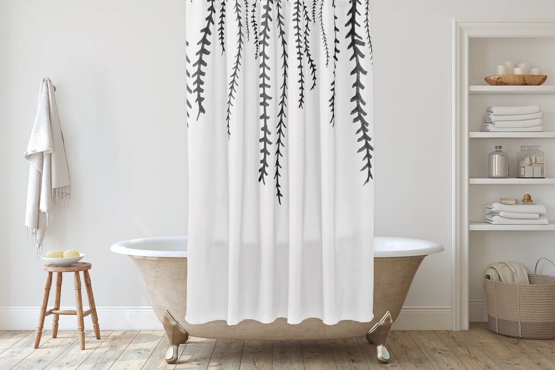 Black and White Farmhouse Shower Curtain With Leaves and Branches