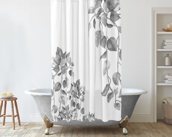 Farmhouse shower curtain with cascading Pothus Leaves in black and white, Bathroom Décor Ideas, Heartleaf Unique Shower Curtain, Boho nature