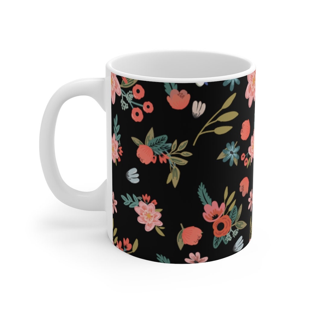 Black Flower Mug 11oz Etsy
