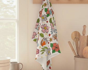 Floral Bird Tea Towel: Spring Kitchen Decor