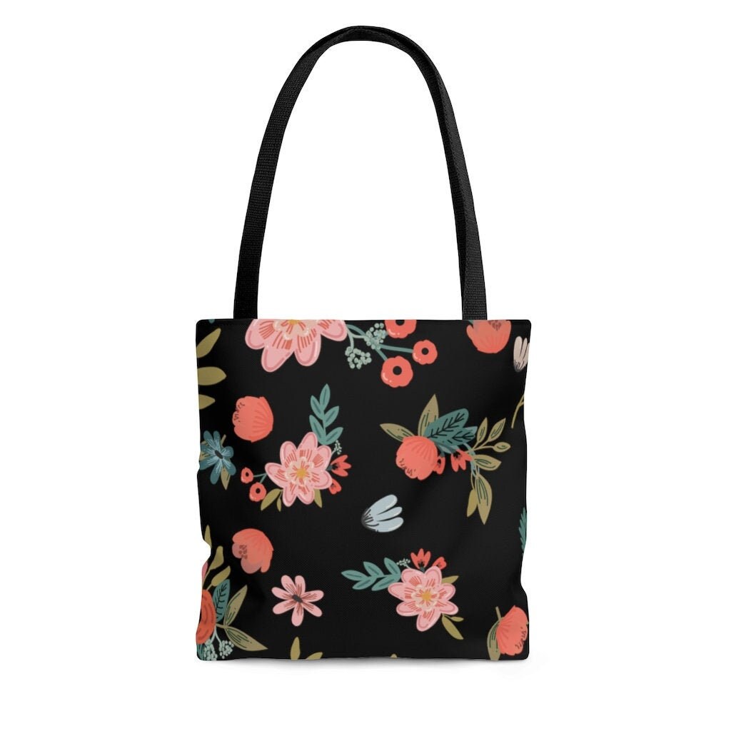 Black Summer Flower AOP Tote Bag | Etsy