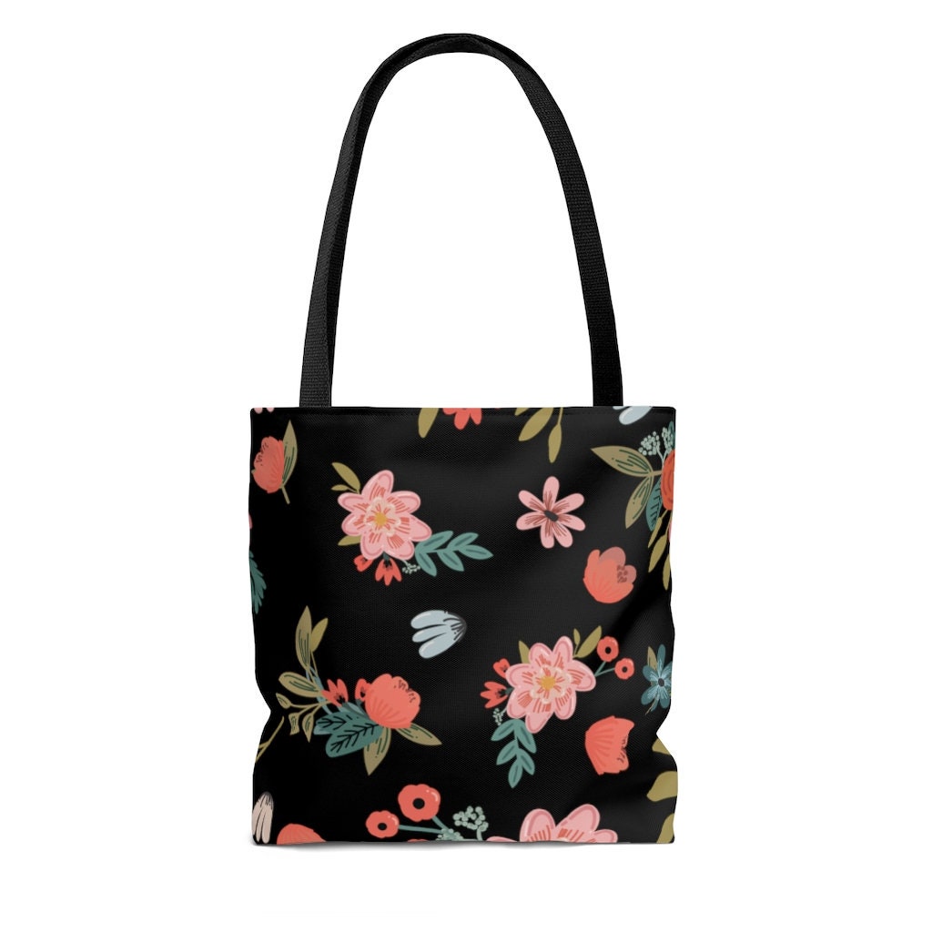 Black Summer Flower AOP Tote Bag - Etsy