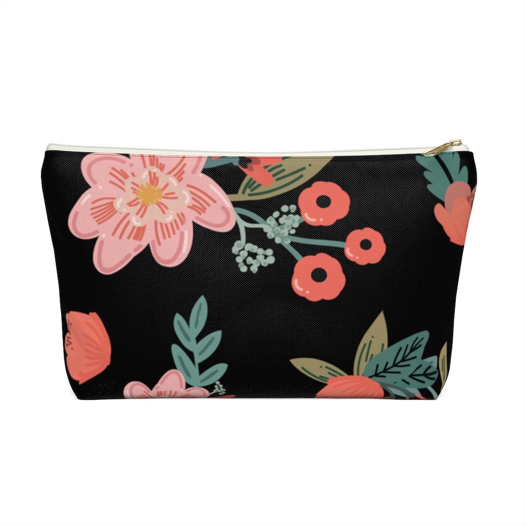 Black Summer Flowers Accessory Pouch W T-bottom - Etsy