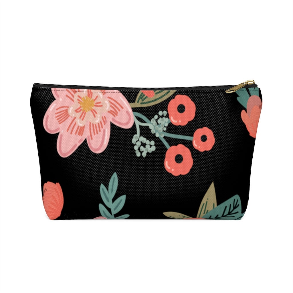 Black Summer Flowers Accessory Pouch W T-bottom - Etsy